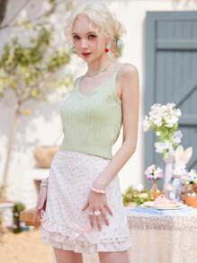 ROMWE Kawaii Solid Pointelle Contrast Lace Cami Knit Top - Lime Green - View 2
