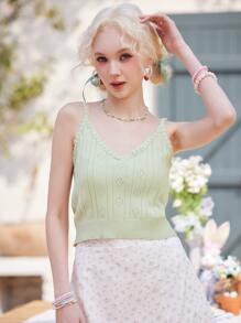 ROMWE Kawaii Solid Pointelle Contrast Lace Cami Knit Top - Lime Green - View 3