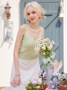 ROMWE Kawaii Solid Pointelle Contrast Lace Cami Knit Top - Lime Green - View 4