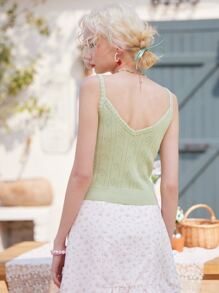ROMWE Kawaii Solid Pointelle Contrast Lace Cami Knit Top - Lime Green - View 5