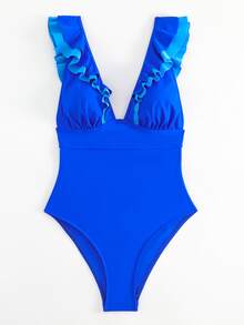 Phụ nữ một mảnh Ren lên Xù màu trơn - Xanh đậm - Xem 4