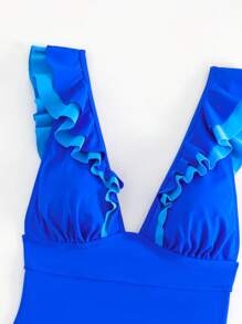 Phụ nữ một mảnh Ren lên Xù màu trơn - Xanh đậm - Xem 6