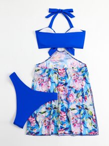 花卉印花前结式吊带比基尼夏日海滩 - 寶藍色 - 查看 2