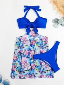 花卉印花前结式吊带比基尼夏日海滩 - 寶藍色 - 查看 5