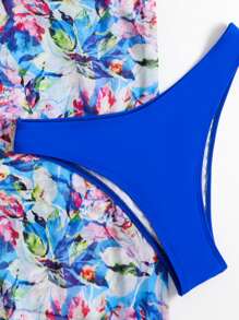 花卉印花前结式吊带比基尼夏日海滩 - 寶藍色 - 查看 4