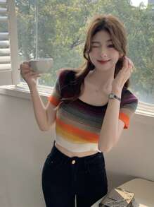 Striped Crop Knit Top - Multicolor - View 1
