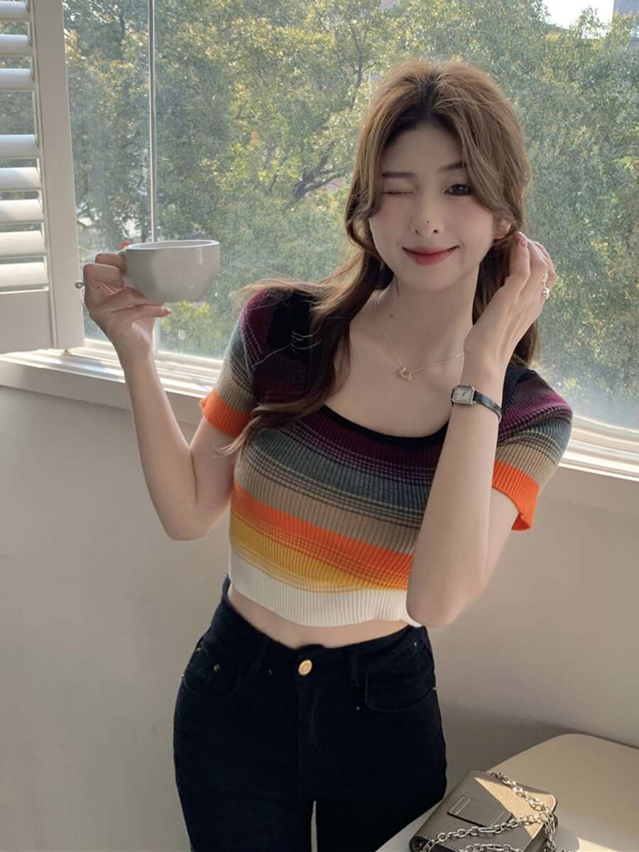 Striped Crop Knit Top - Multicolor - View 1