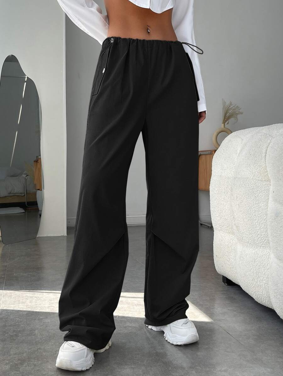 SHEIN EZwear Drawstring Waist Wide Leg Trousers - Black - View 1