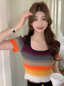 Striped Crop Knit Top - Multicolor - View 3