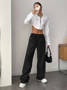 SHEIN EZwear Drawstring Waist Wide Leg Trousers - Black - View 7