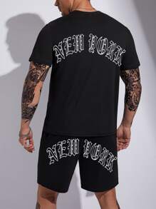 Manfinity LEGND Men Plus Letter Graphic Tee & Shorts - Black - View 2