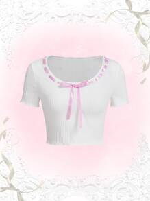 ROMWE Fairycore Camiseta ribete en forma de lechuga con lazo delantero - Blanco - Ver 2