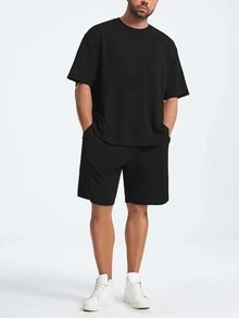 Manfinity LEGND Men Plus Letter Graphic Tee & Shorts - Black - View 3