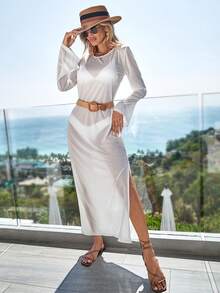 EURMUSE Split Thigh Backless Cover Up Dress Without Bikini & Belt - White - View 5