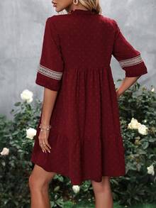 SHEIN LUNE Swiss Dot Contrast Guipure Lace Notched Neck Ruffle Hem Dress - Burgundy - View 2