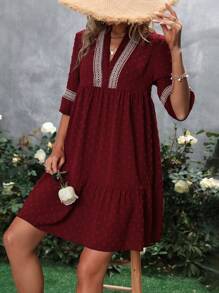 SHEIN LUNE Swiss Dot Contrast Guipure Lace Notched Neck Ruffle Hem Dress - Burgundy - View 4