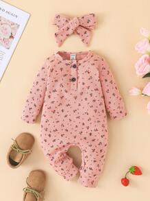 嬰兒小碎花半排扣華夫格編織連身褲和髮箍 - 藕粉色 - 查看 1