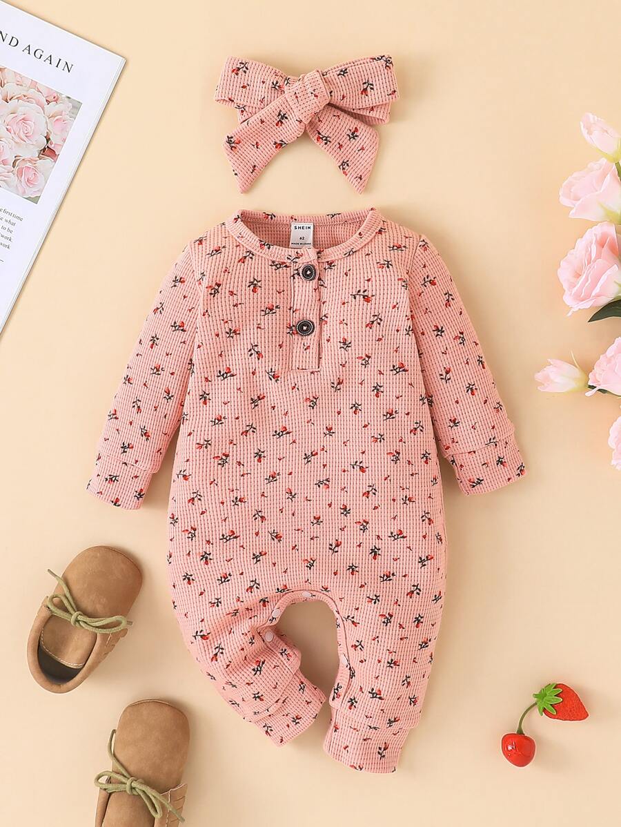 嬰兒小碎花半排扣華夫格編織連身褲和髮箍 - 藕粉色 - 查看 1