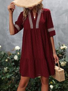 SHEIN LUNE Swiss Dot Contrast Guipure Lace Notched Neck Ruffle Hem Dress - Burgundy - View 5