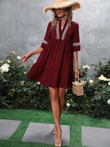 SHEIN LUNE Swiss Dot Contrast Guipure Lace Notched Neck Ruffle Hem Dress - Burgundy - View 6