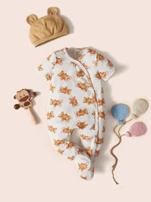 SHEIN Baby Bear Print Button Front Footed Sleep Jumpsuit & Hat - Multicolor - View 1