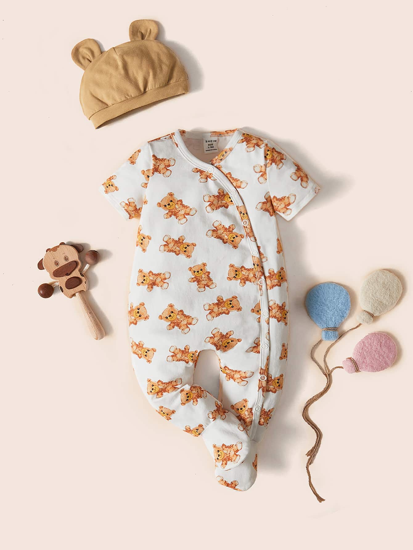 SHEIN Baby Bear Print Button Front Footed Sleep Jumpsuit & Hat - Multicolor - View 1