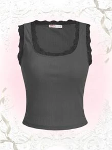 ROMWE Contrast Lace Tank Top - Dark Grey - View 1