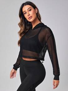 Gameset SHEIN Sport Cut Out Back Drop Shoulder Hooded Sports Sweatshirt Without Camisole Fall Sweatshirts - Black - View 4