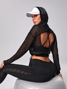 Gameset SHEIN Sport Cut Out Back Drop Shoulder Hooded Sports Sweatshirt Without Camisole Fall Sweatshirts - Black - View 5