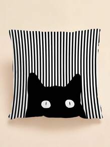 Striped Pattern Cat Cushion Cover Without Filler, Cartoon Cute Throw Pillow Cover, Pillow Insert Not Include, For Sofa, Living Room - Black and White - View 1