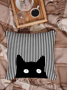 Striped Pattern Cat Cushion Cover Without Filler, Cartoon Cute Throw Pillow Cover, Pillow Insert Not Include, For Sofa, Living Room - Black and White - View 5