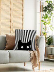 Striped Pattern Cat Cushion Cover Without Filler, Cartoon Cute Throw Pillow Cover, Pillow Insert Not Include, For Sofa, Living Room - Black and White - View 8