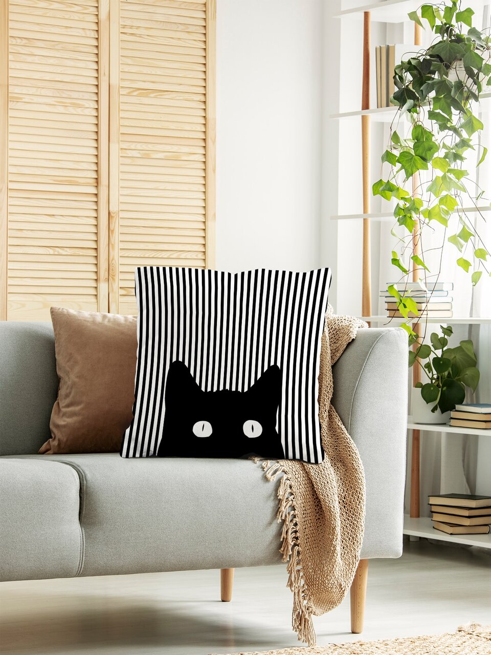 Striped Pattern Cat Cushion Cover Without Filler, Cartoon Cute Throw Pillow Cover, Pillow Insert Not Include, For Sofa, Living Room
