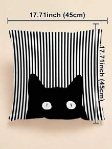 Striped Pattern Cat Cushion Cover Without Filler, Cartoon Cute Throw Pillow Cover, Pillow Insert Not Include, For Sofa, Living Room - Black and White - View 3