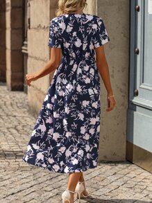 SHEIN VCAY Floral Print Surplice Neck Split Thigh Dress - Blue - View 2