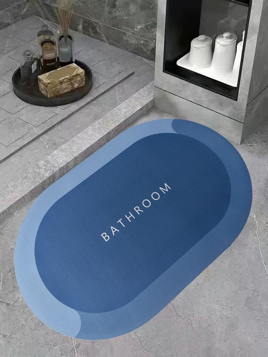 1pc Letter Graphic Anti-slip Bath Rug, Modern Rubber Oval Shaped Toilet Mat For Bathroom - Blue - View 1