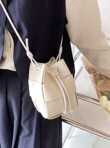 迷你水桶包編織設計PU皮革 - 白色 - 查看 1