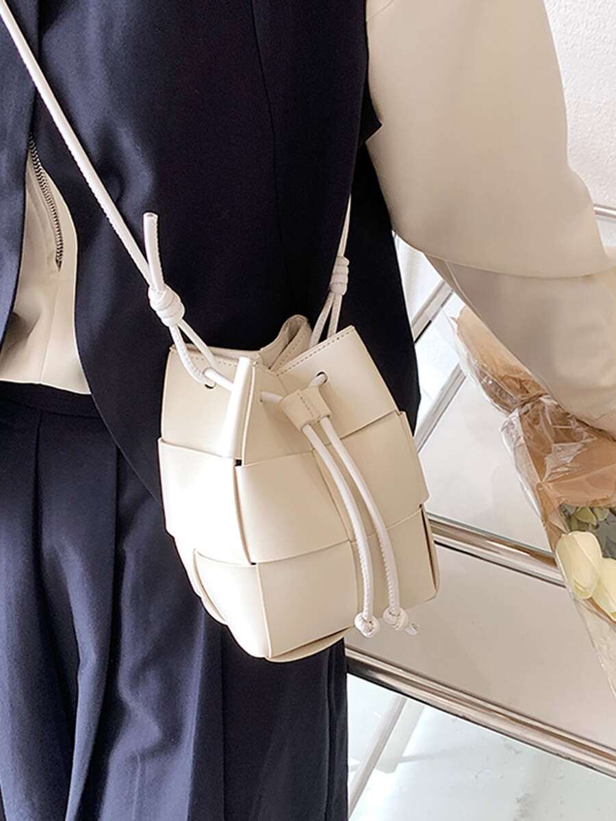 迷你水桶包編織設計PU皮革 - 白色 - 查看 1