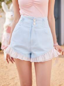 ROMWE Kawaii Quần đùi nữ Nút Túi Dây kéo Tương phản Mesh màu trơn Giải trí - Màu xanh nhạt - Xem 2