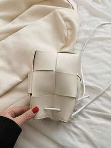 迷你水桶包編織設計PU皮革 - 白色 - 查看 2