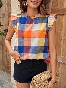 SHEIN VCAY 格紋印花荷葉邊小高領襯衫