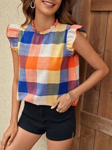 SHEIN VCAY 格紋印花荷葉邊小高領襯衫