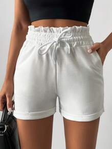RueChic 纸袋腰卷边短裤 - 白色 - 查看 5