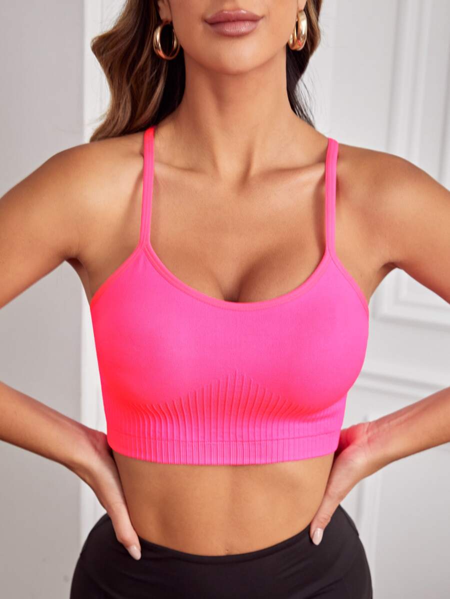 SHEIN Yoga Basic 素色吊帶運動文胸 - 玫紅色 - 查看 1