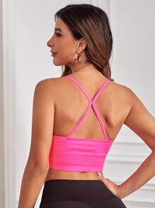 SHEIN Yoga Basic 素色吊帶運動文胸 - 玫紅色 - 查看 2
