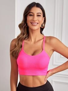SHEIN Yoga Basic 素色吊帶運動文胸 - 玫紅色 - 查看 3