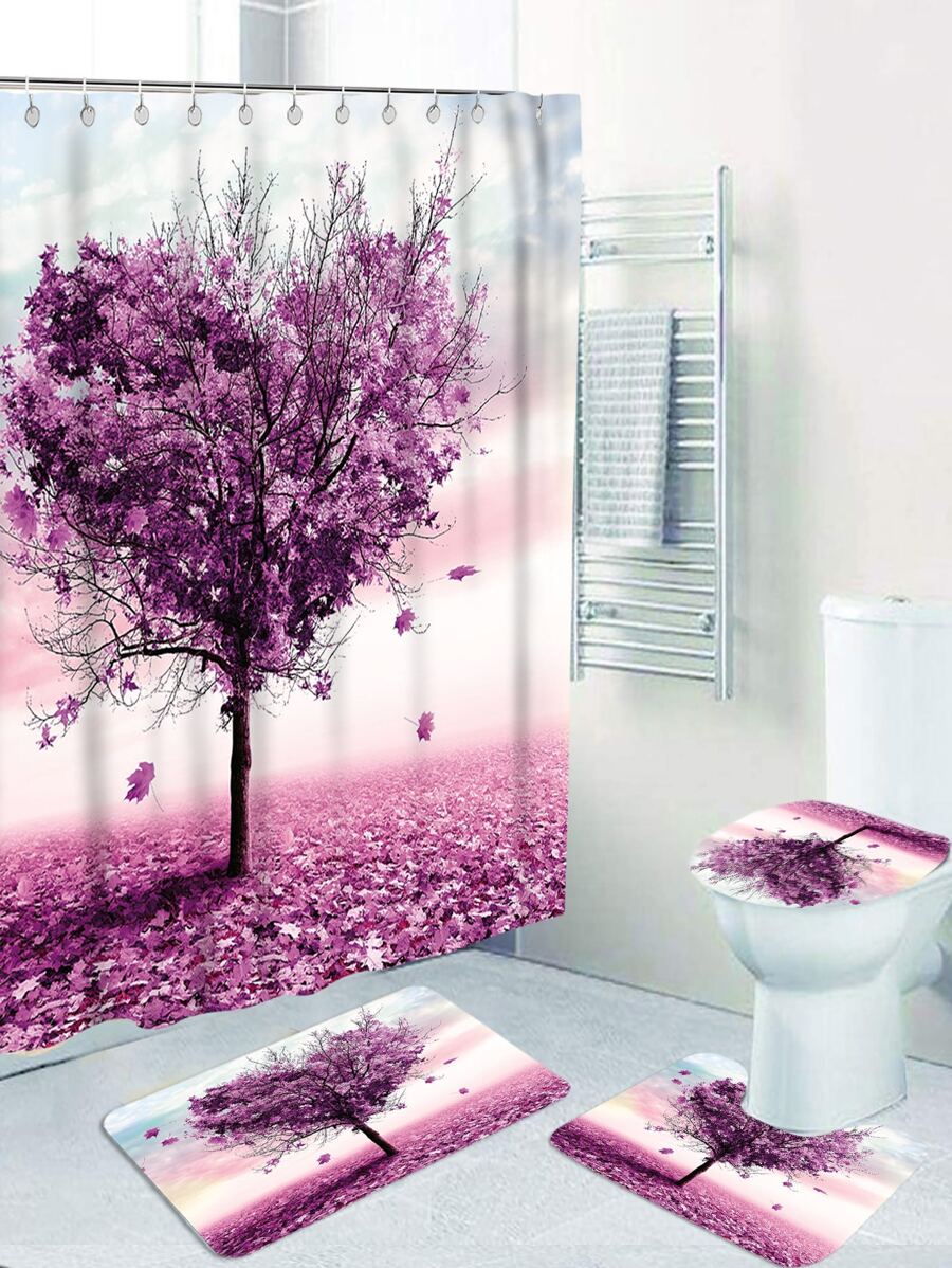 1pc Tree Print Bath Rug Or 1pc Shower Curtain, Modern Tree Print Non-slip Toilet Mat For Bathroom - Multicolor - View 1