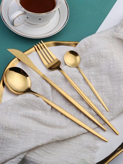4 件套纯色不锈钢餐具，北欧金色简约餐具套装，适用于餐厅、厨房、圣诞礼物、学校用品