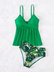 SHEIN Swim 熱帶圖案坦基尼套裝圍裹吊帶上衣和泳衣下裝2入組泳衣 - 彩色 - 查看 3