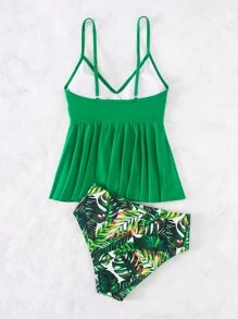SHEIN Swim 熱帶圖案坦基尼套裝圍裹吊帶上衣和泳衣下裝2入組泳衣 - 彩色 - 查看 4